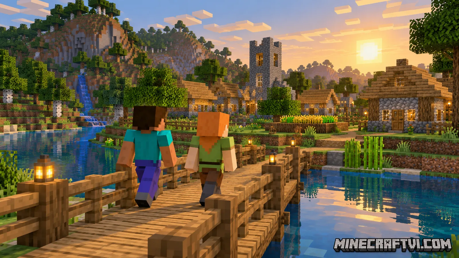 Minh họa hai người chơi cùng khám phá một ngôi làng Minecraft