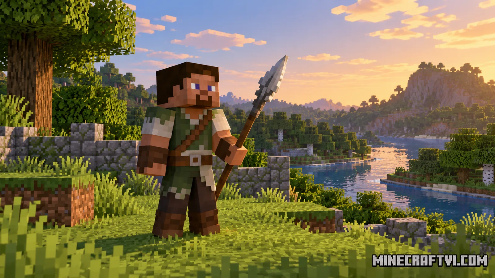 Nhân vật Minecraft cầm giáo sắt trong bãi cỏ cạnh tường đá