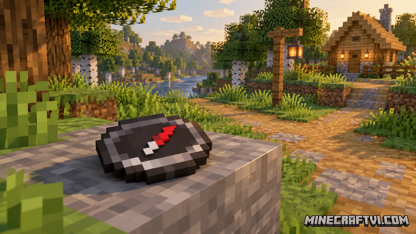La bàn đặt trên khối đá ở ngã rẽ gần căn nhà trong Minecraft