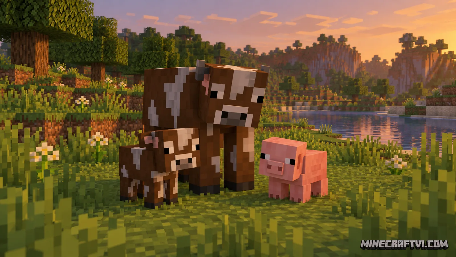 Minh họa bò và lợn trong đồng cỏ Minecraft