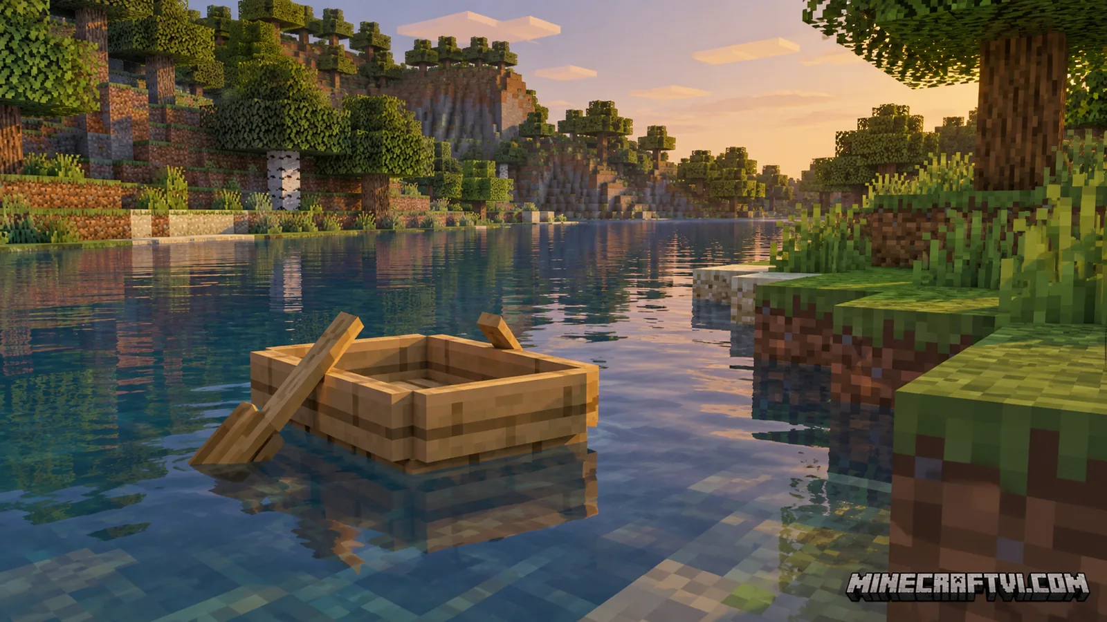 Minh họa thuyền gỗ sồi trên dòng sông Minecraft