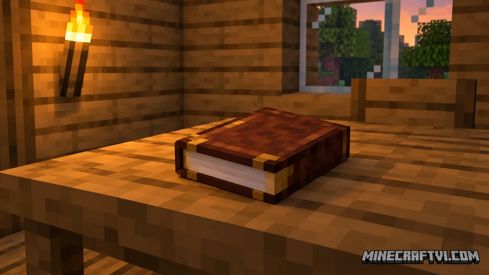 Minh họa quyển sách trên bàn gỗ trong thế giới Minecraft