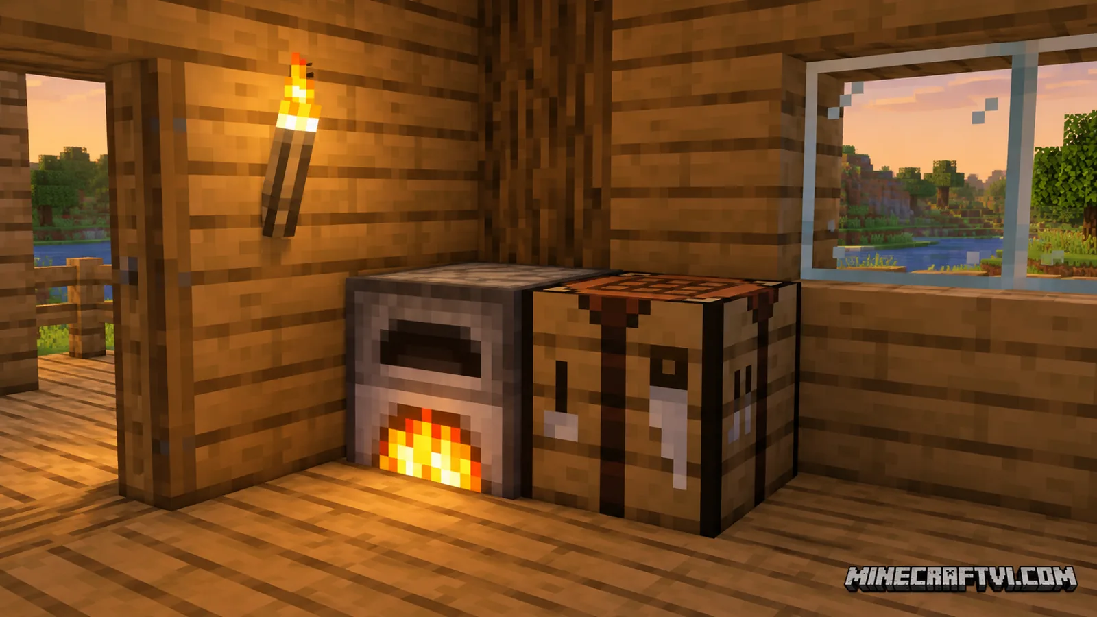 Minh họa lò nung cạnh bàn chế tạo trong nhà gỗ Minecraft