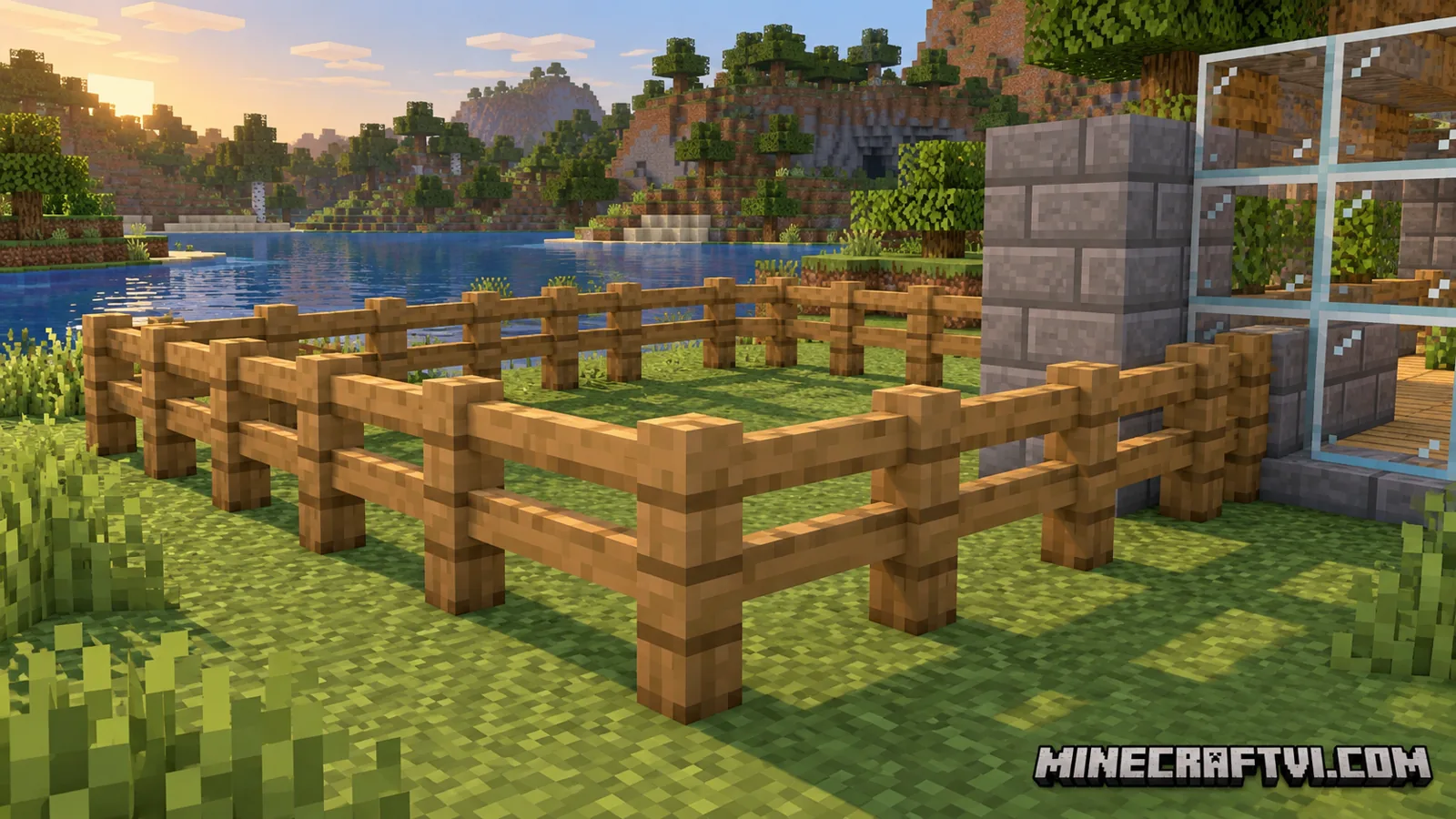 Minh họa Minecraft với hàng rào, kính dạng tấm và tường nối liền trong công trình