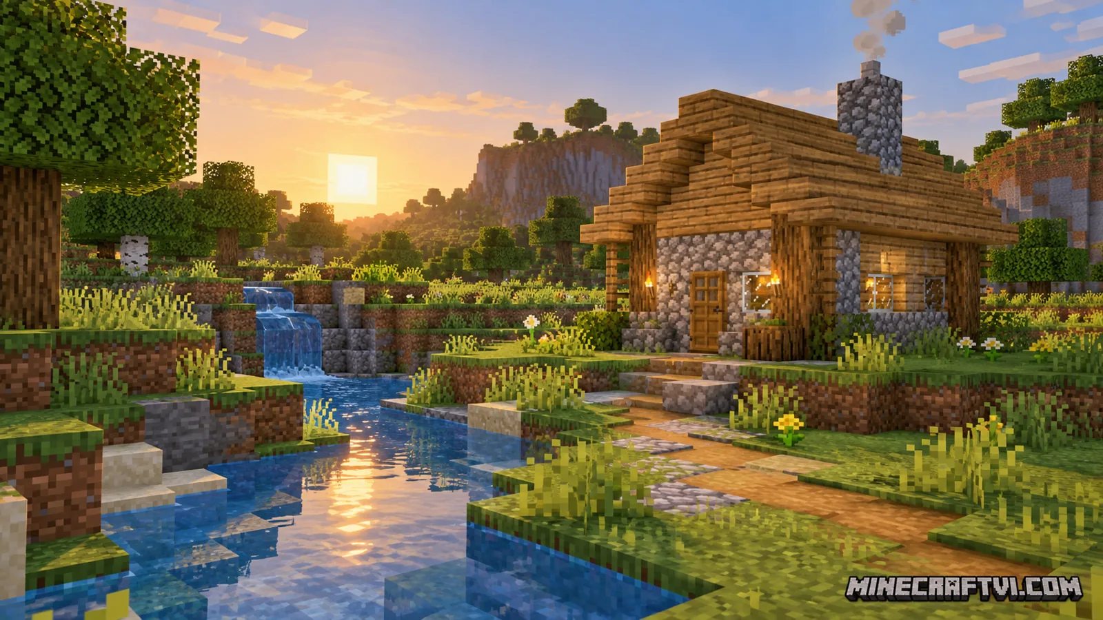 Minh họa thế giới Minecraft Overworld với căn nhà, đường đi và dòng suối